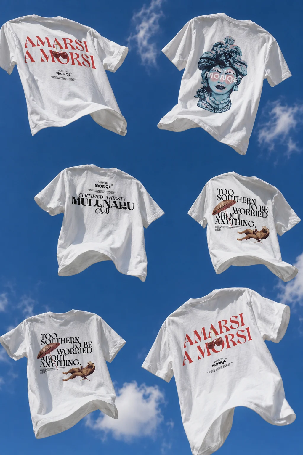 Born in Monge t-shirt designs against a blue sky